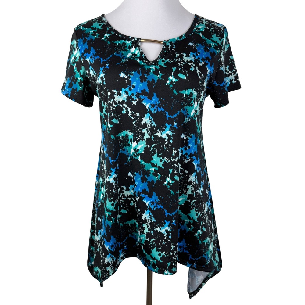 C'est La‎ Vie Womens Blue Teal Floral Sharkbite Tunic Top Keyhole PM 1162P USA